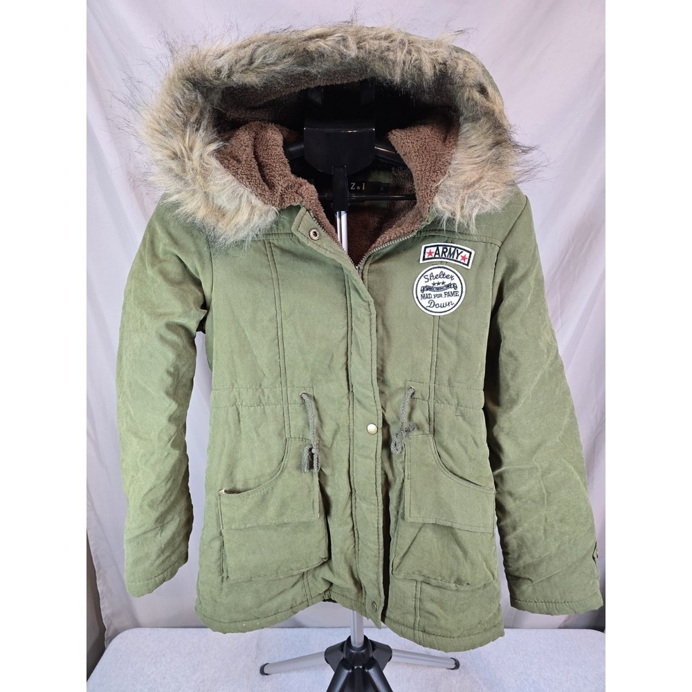Z&I Women Faux Fur Full Zip  Winter Outwear Army Hooded Parka M Medium